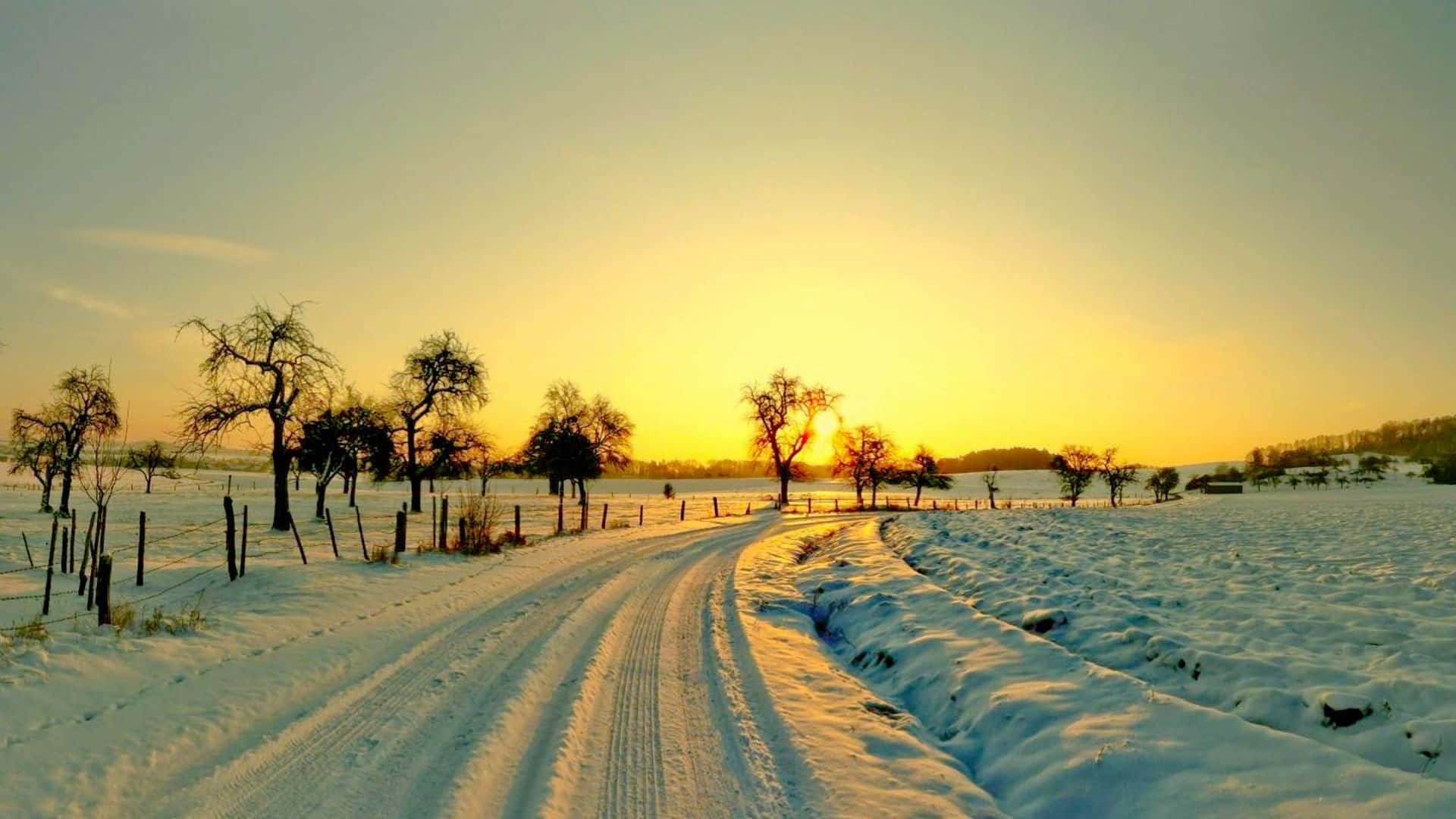Winter Sunset, snow-covered road, serene winter field, Full HD Desktop Wallpaper