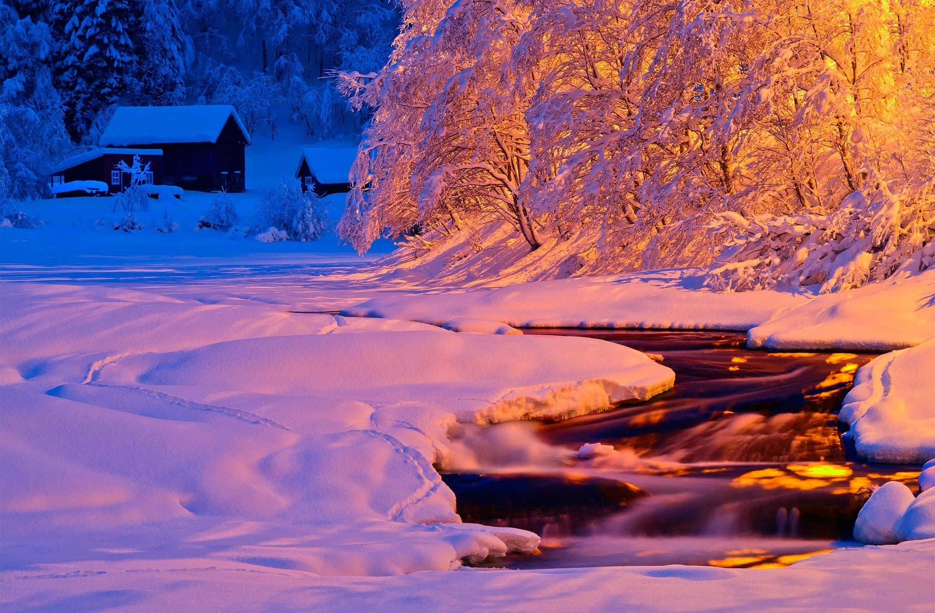 Winter Sunset, snow-covered landscape, setting sun, Full HD Desktop Wallpaper