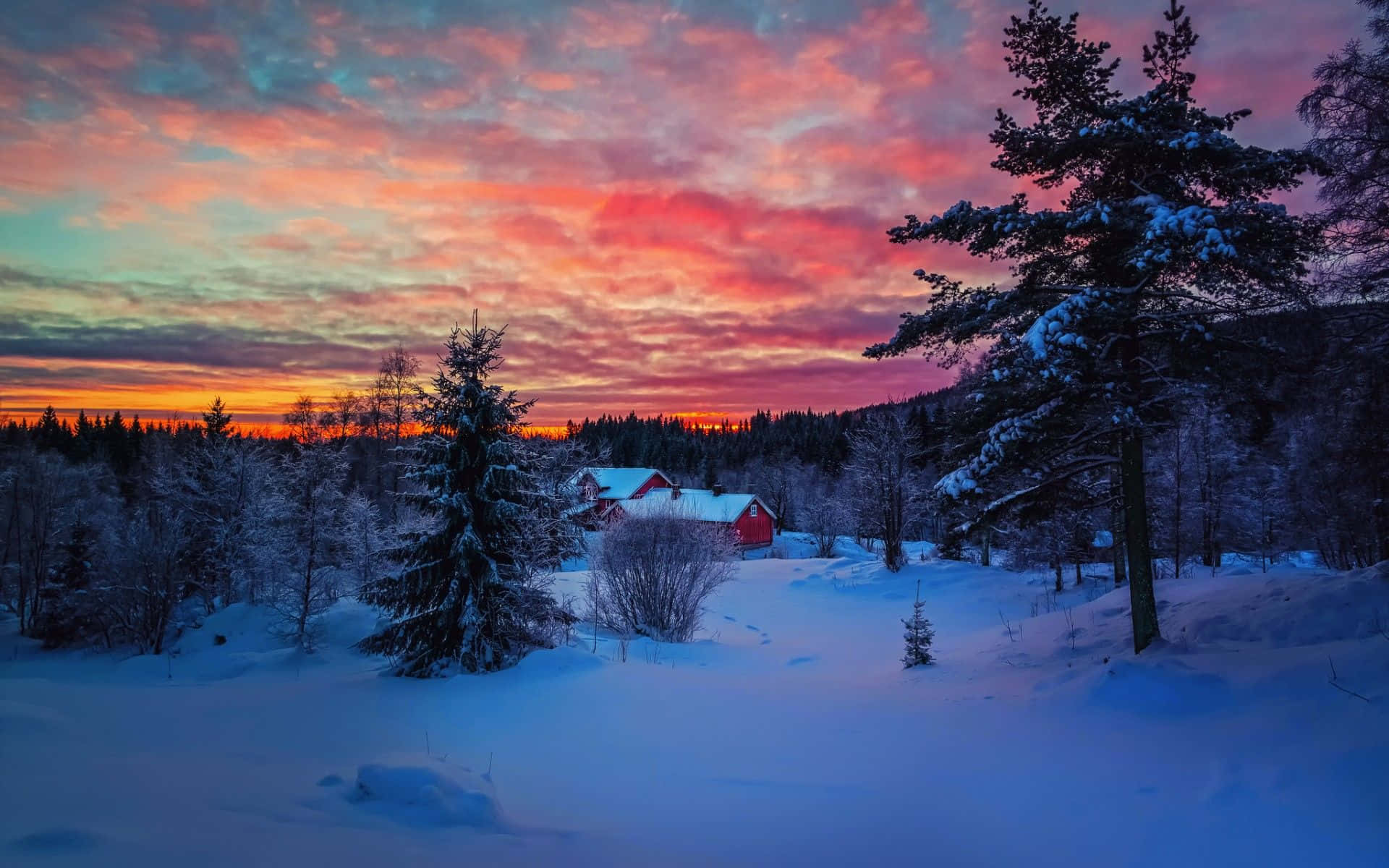 Winter Sunset, sunset, snowy winter landscape, Full HD Desktop Wallpaper