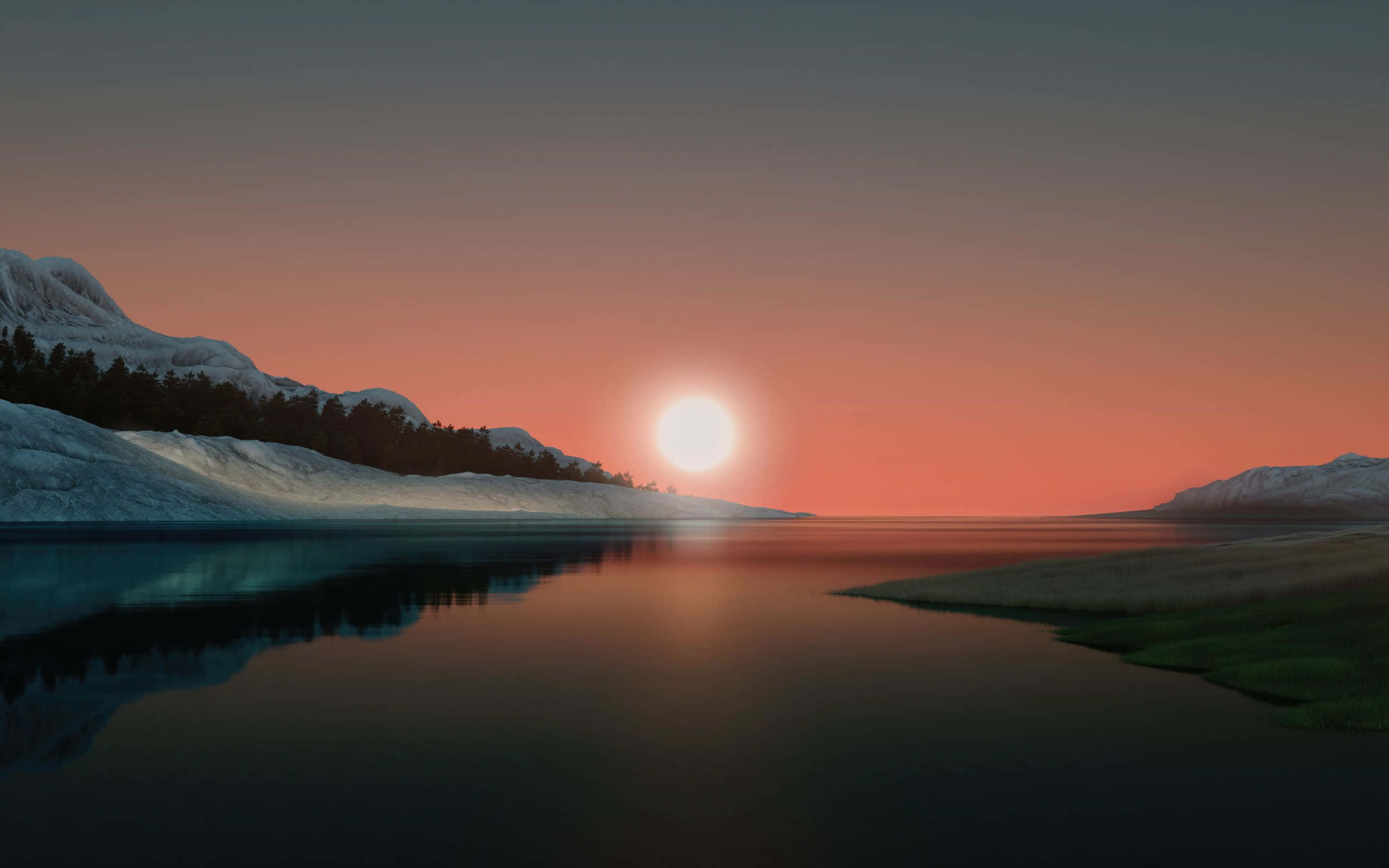 Arctic Sunset Landscape, snow-capped mountains, calm lake, 2K Desktop Wallpaper