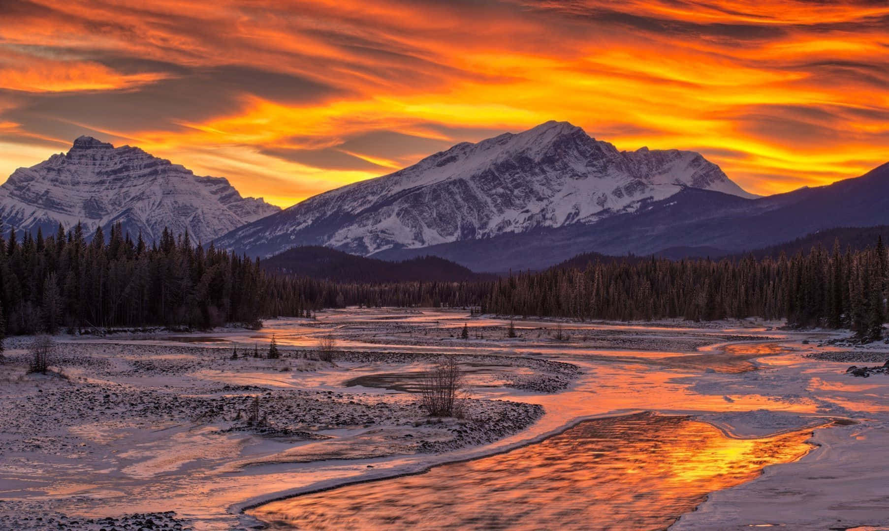Winter Sun, snowcapped mountain range, fiery orange sunset, HD Desktop Wallpaper