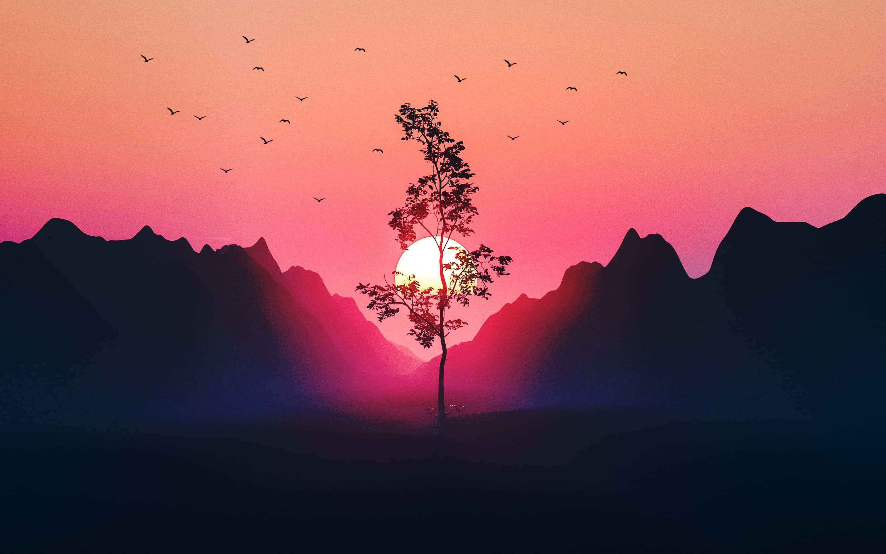 sunset, pink and orange sunset, jagged mountains, 2K Desktop Wallpaper