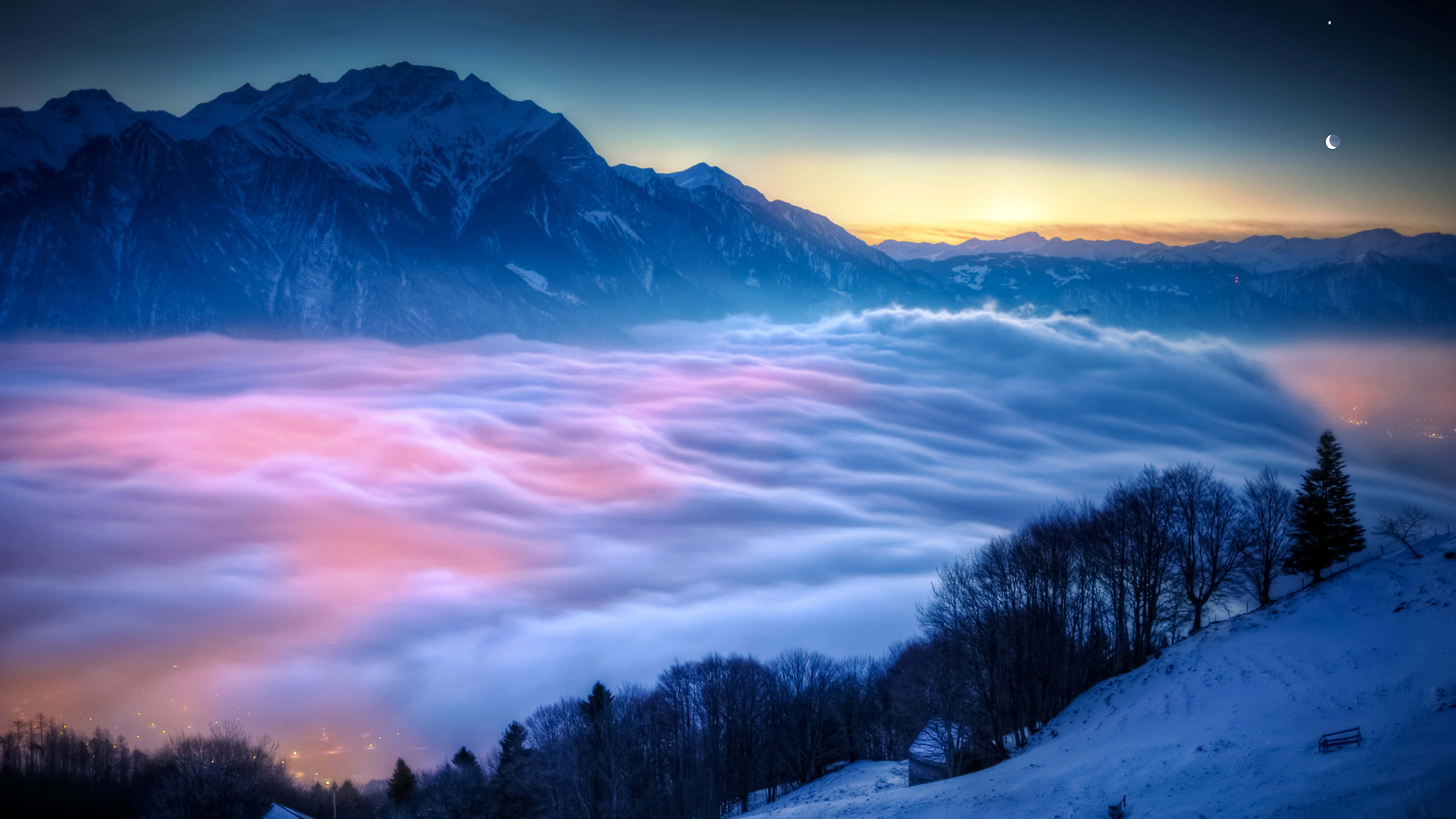 Winter Mountain Mist Sunset, 4 K, snowy mountains, 4K Desktop Wallpaper