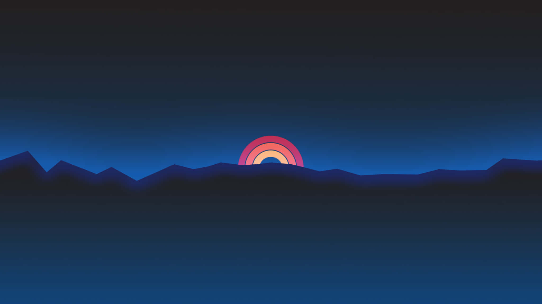neon mountain sunset landscape, pink orange and yellow rings, dark blue mountain silhouettes, Full HD Desktop Wallpaper