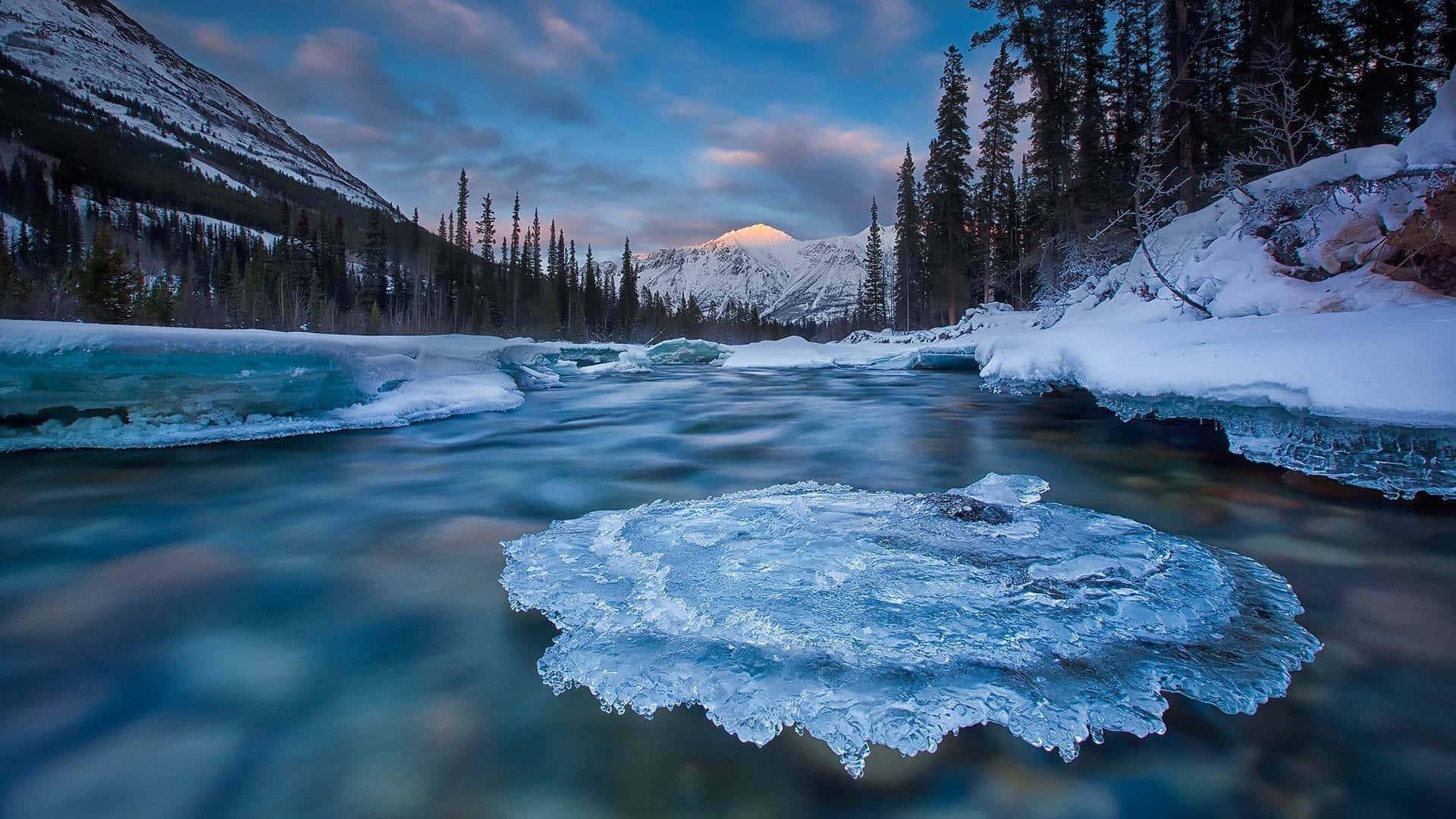Winter River Sunset Glow, frozen river, snow covered banks, Full HD Desktop Wallpaper