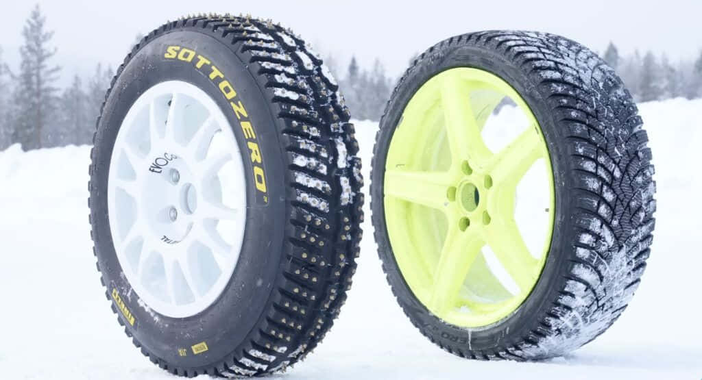 winter tires, snow-covered road, white and neon yellow rims, SD Desktop Wallpaper