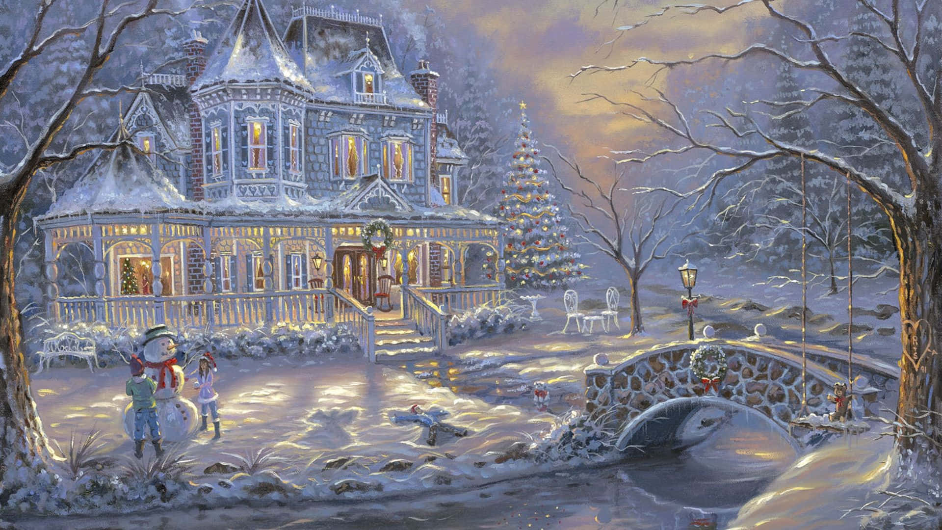 Victorian house, snowy twilight sky, children building a snowman, Full HD Desktop Wallpaper