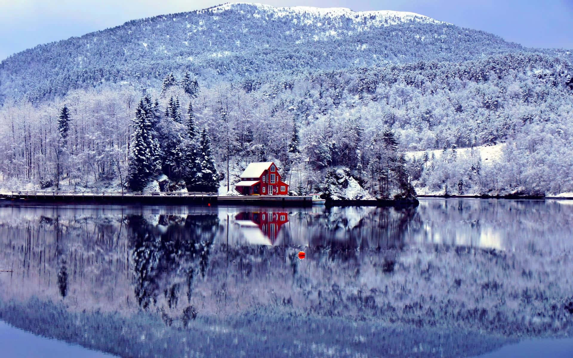 Winter wonderland, vibrant red cabin, snow-dusted lakeshore, Full HD Desktop Wallpaper