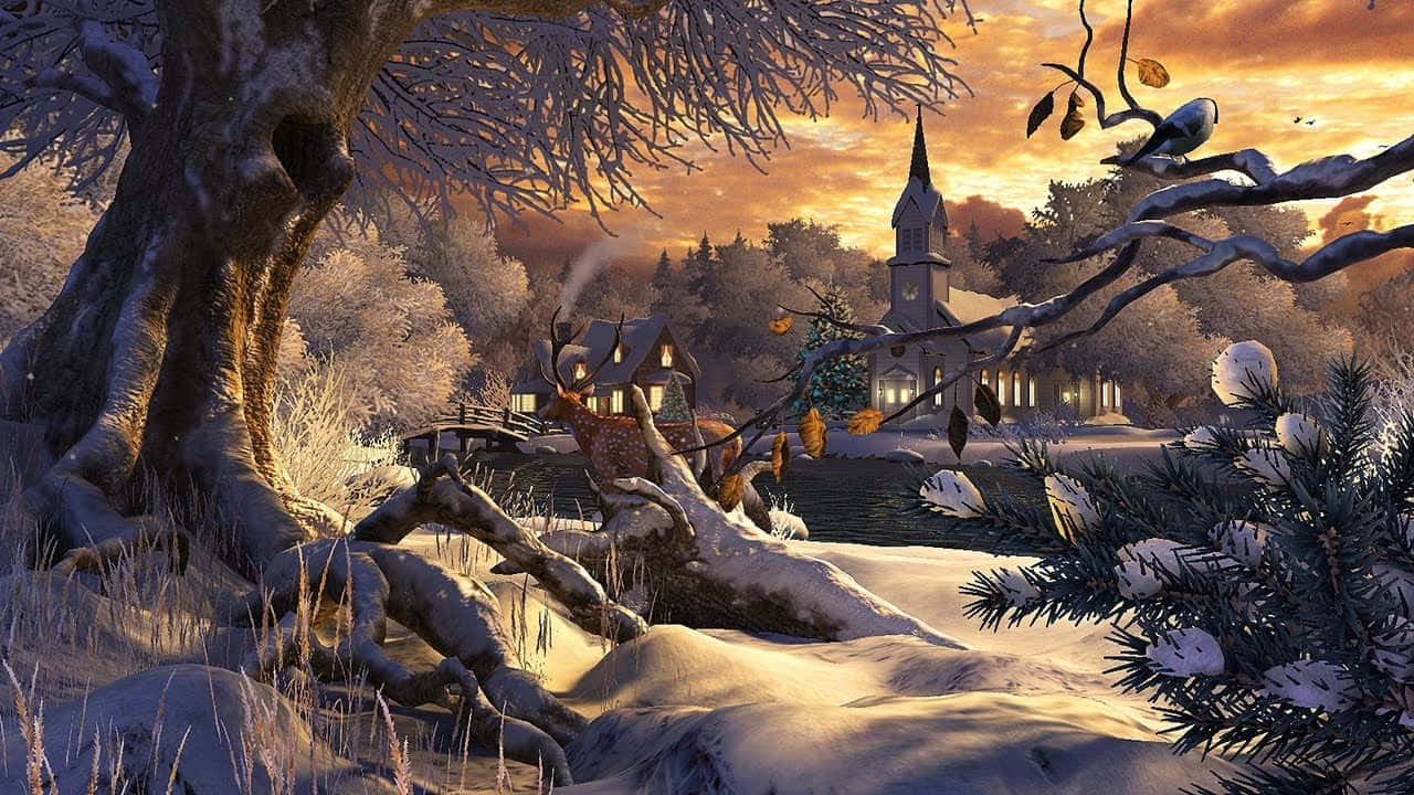 Winter wonderland, snowy winter sunset, quiet village, HD Desktop Wallpaper