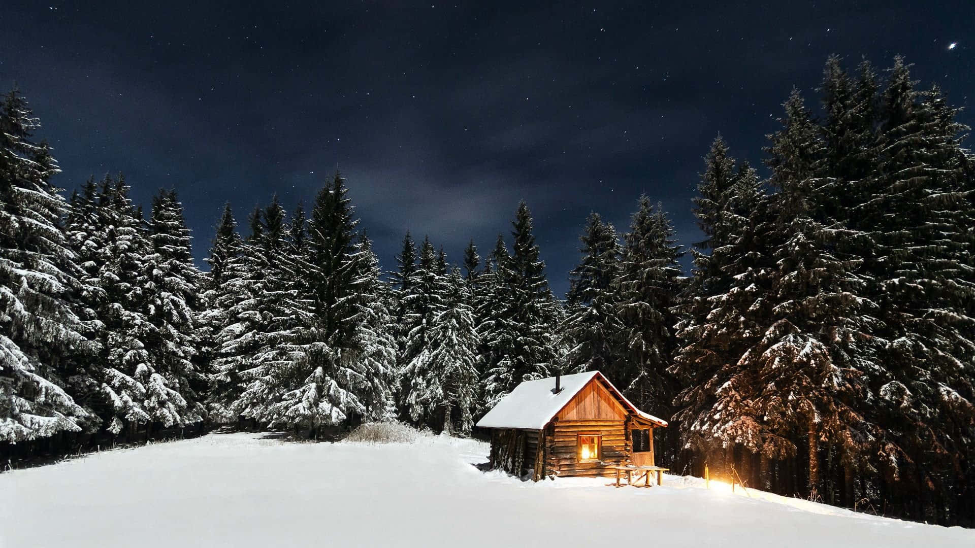 Winter wonderland, snow-covered forest, cozy wooden cabin, Full HD Desktop Wallpaper