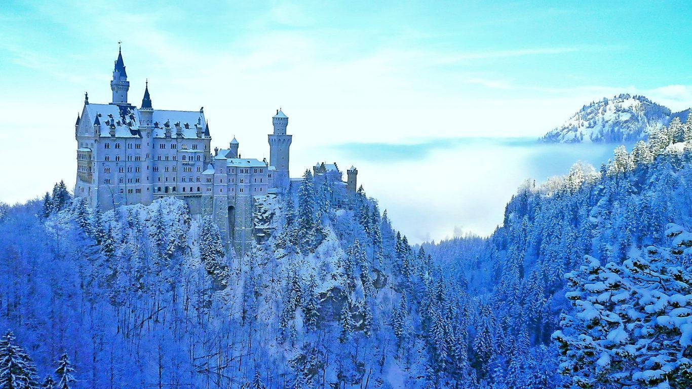 Winter Wonderland, snow-covered castle, mountain ridge, HD Desktop Wallpaper