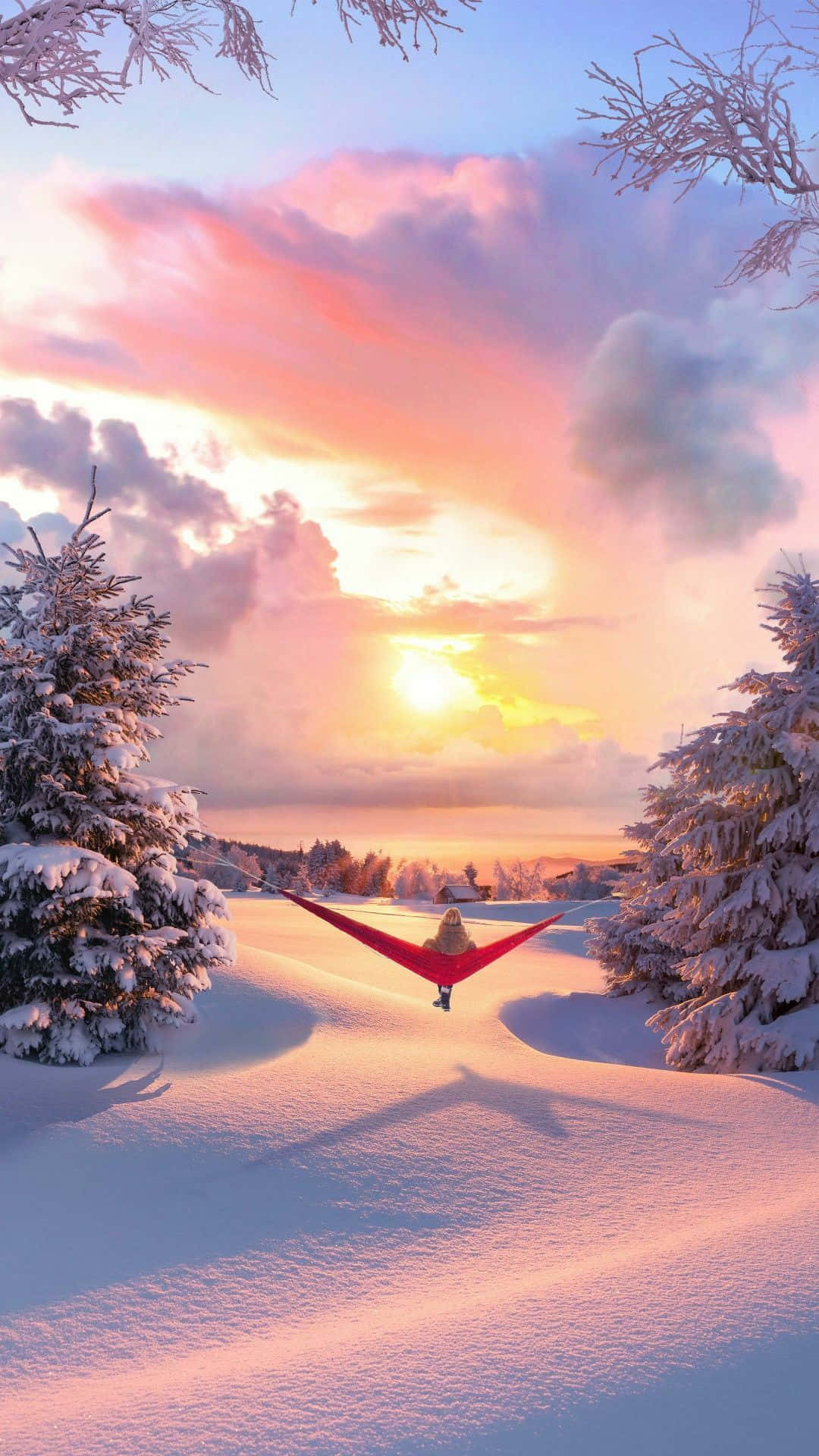 red hammock, snow-covered pine trees, vibrant sunset, Full HD Phone Wallpaper