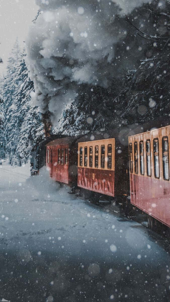vintage red steam train, snowy forest, snowflakes, SD Phone Wallpaper
