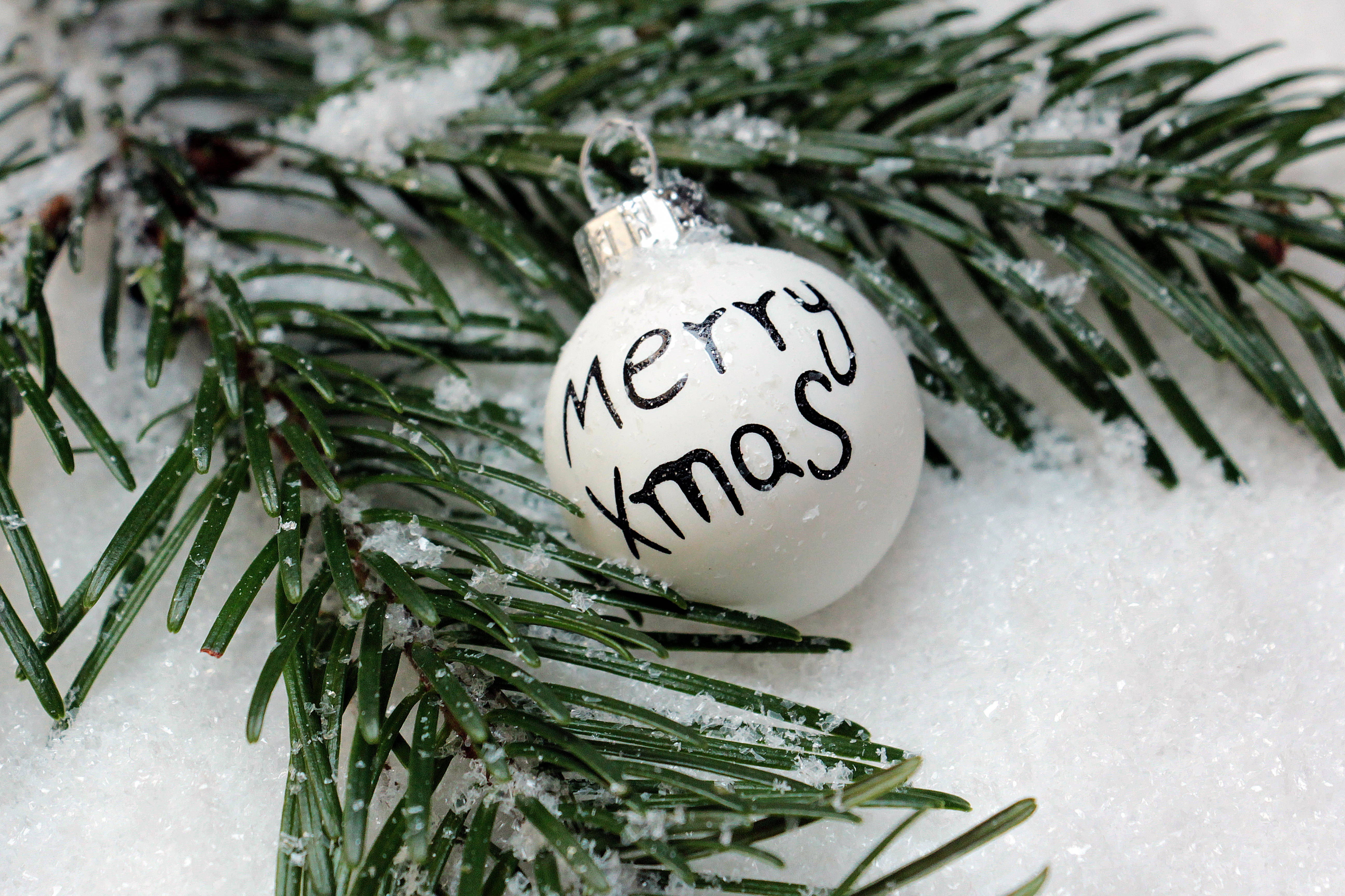 Merry Xmas, white hand-written, snow-dusted evergreen branches, 5K Desktop Wallpaper
