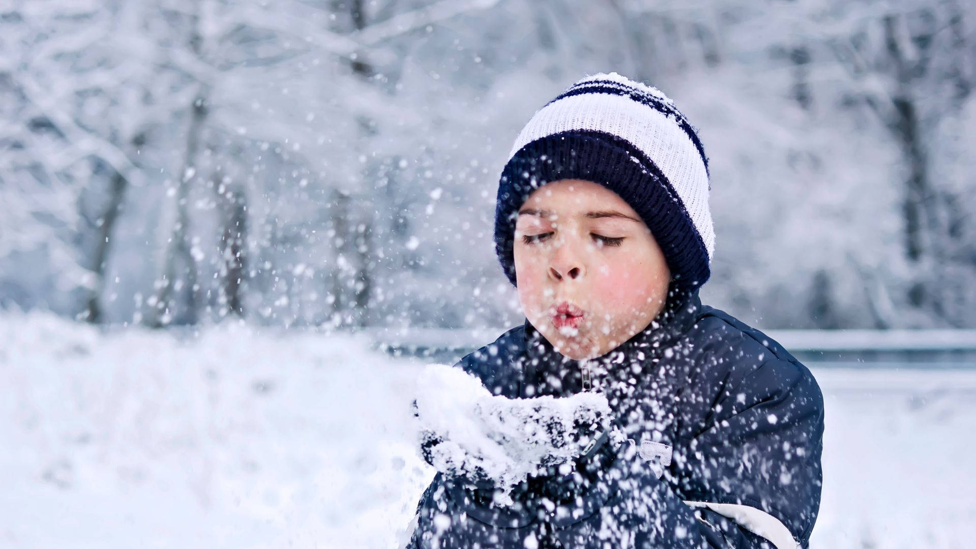 snow blow wish, striped beanie, gloved hands, Full HD Desktop Wallpaper