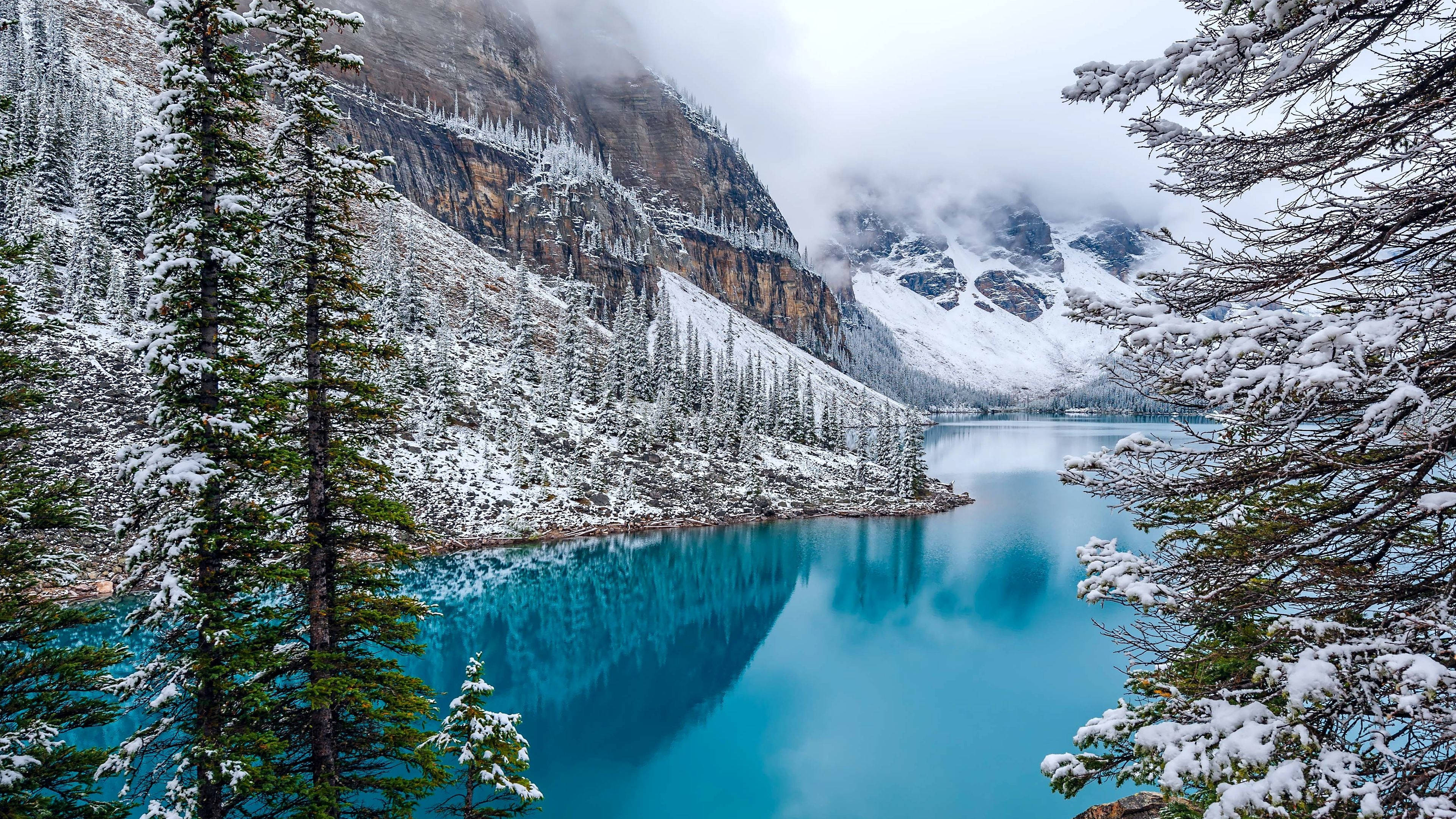 blue winter river, winter lake, snow-dusted mountains, 4K Desktop Wallpaper