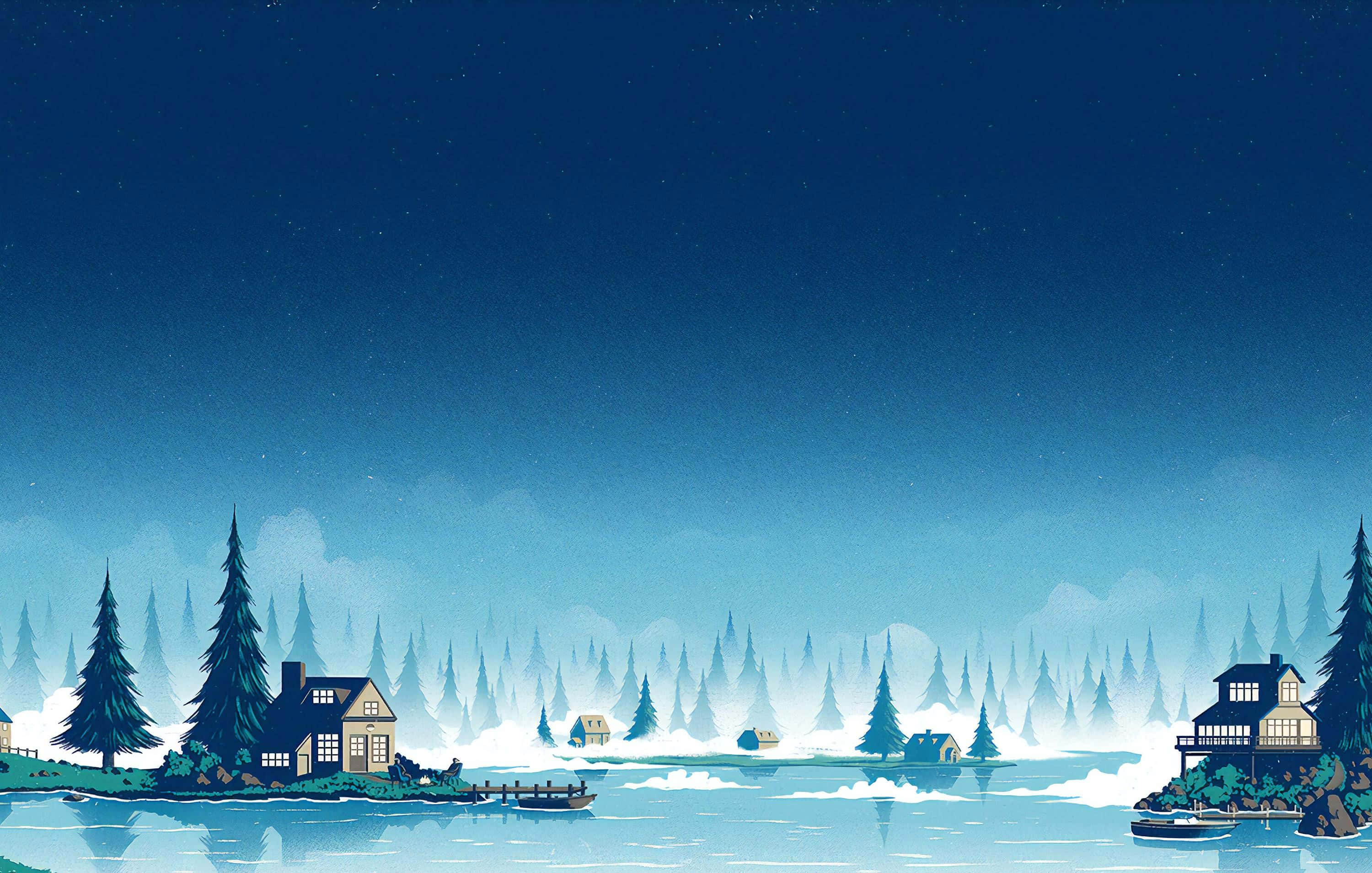 winter scenery, snow-covered houses, pine trees, 2K Desktop Wallpaper