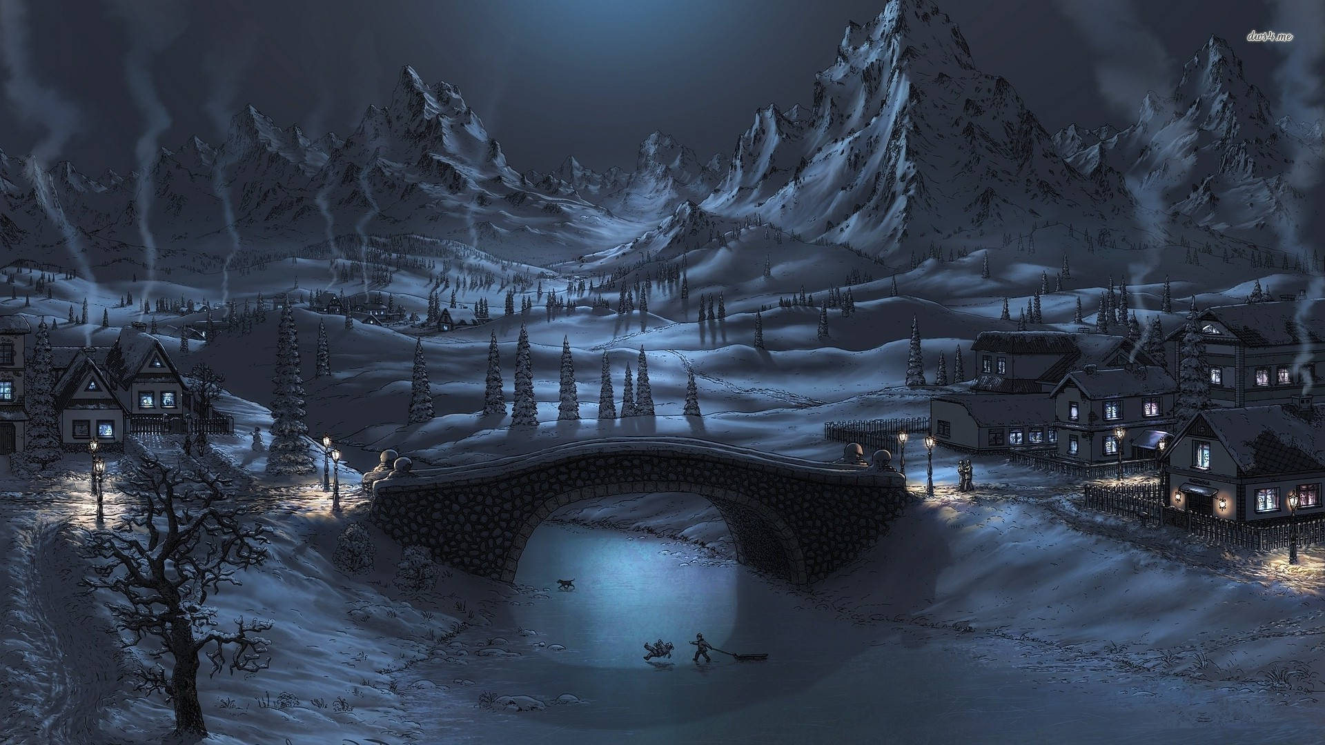 snowy mountain village, stone bridge, river, Full HD Desktop Wallpaper
