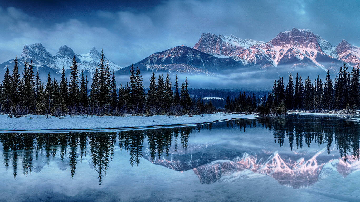 Winter Lake, snowcapped mountains, dawn, HD Desktop Wallpaper