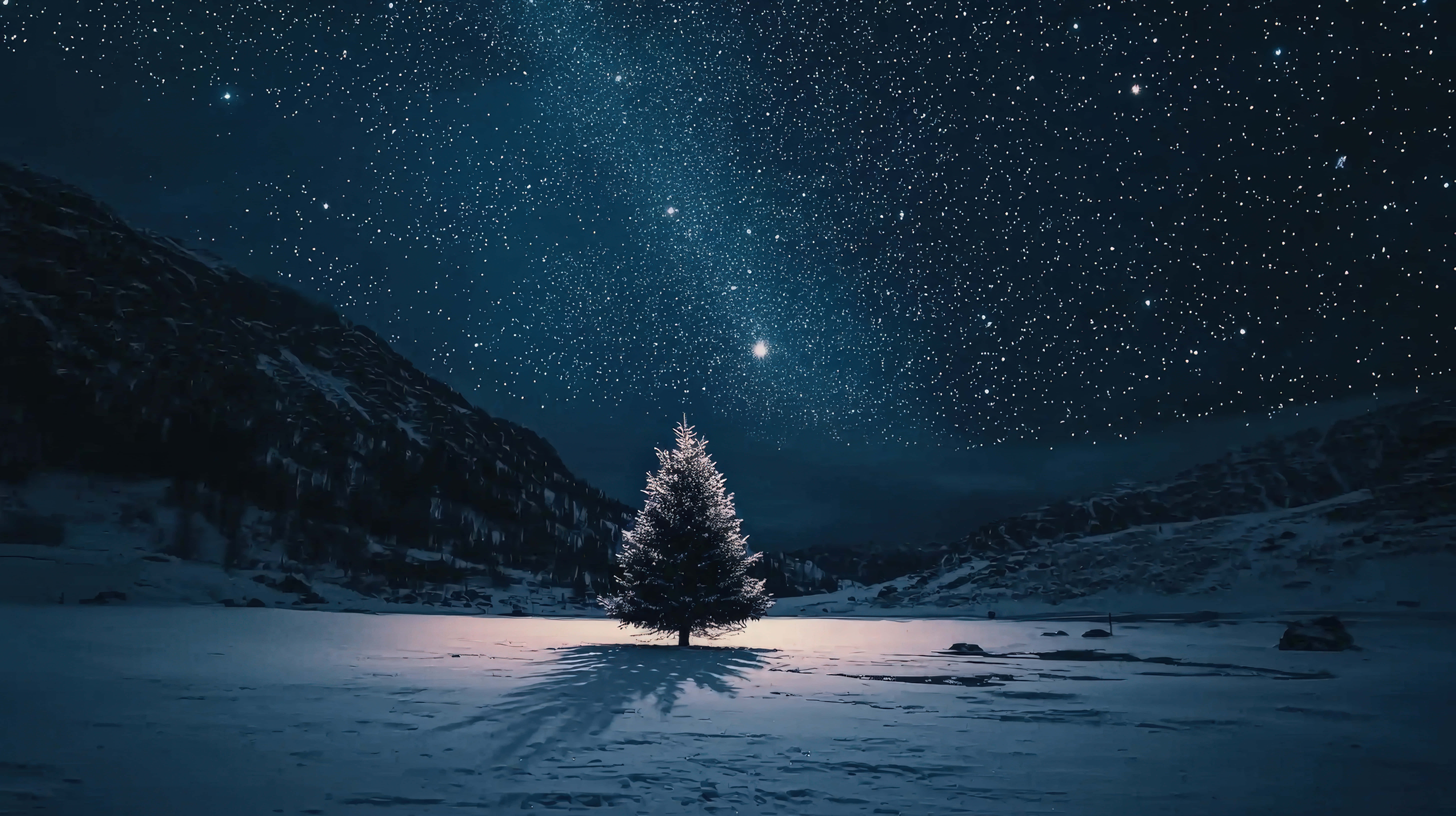 solitary pine tree, starry night sky, snowy landscape, 8K Desktop Wallpaper