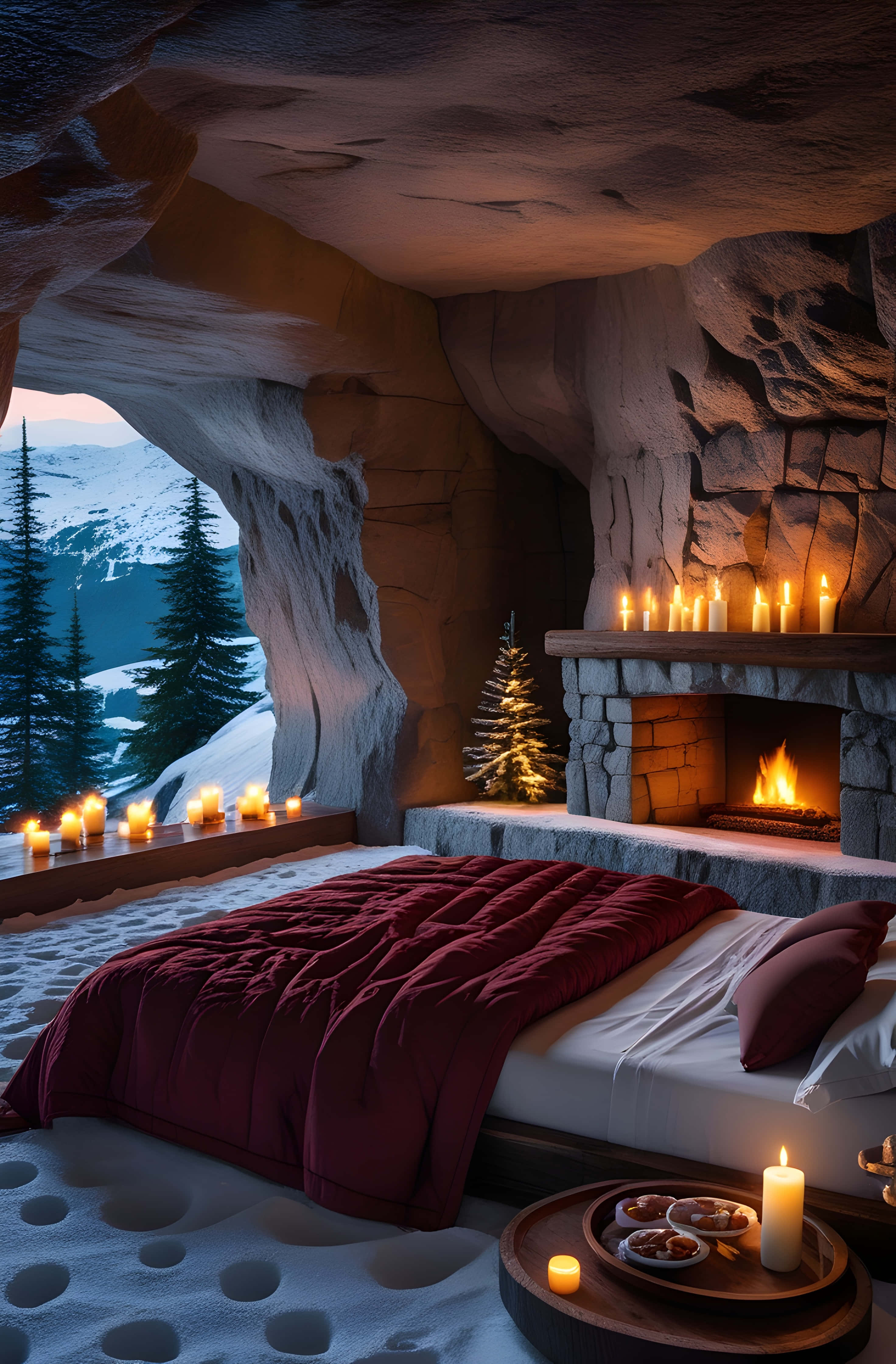 snowy cavern retreat, cozy bed, red blankets, 4K Phone Wallpaper