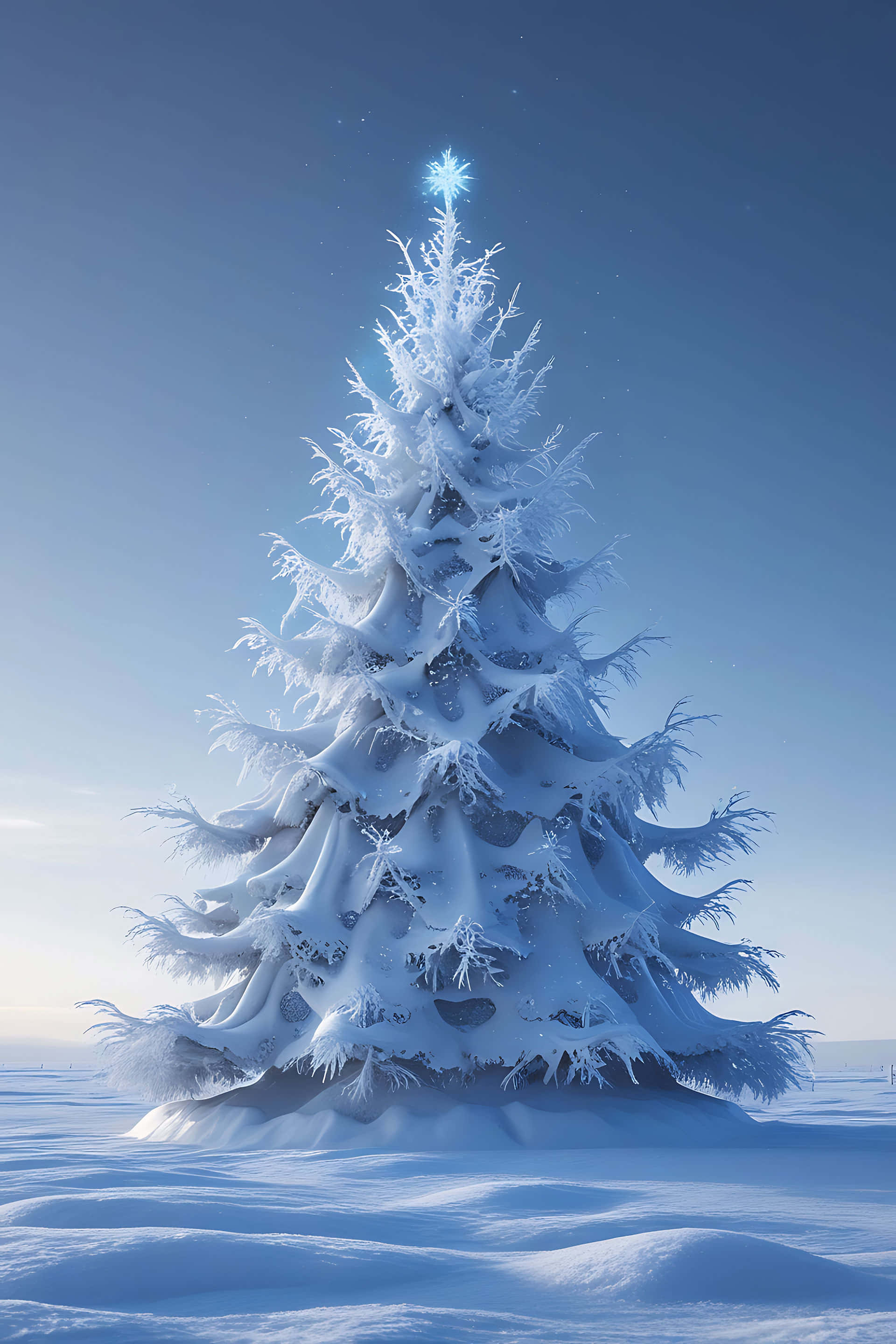 snow-covered pine tree, vast snowy field, clear blue sky, 2K Phone Wallpaper