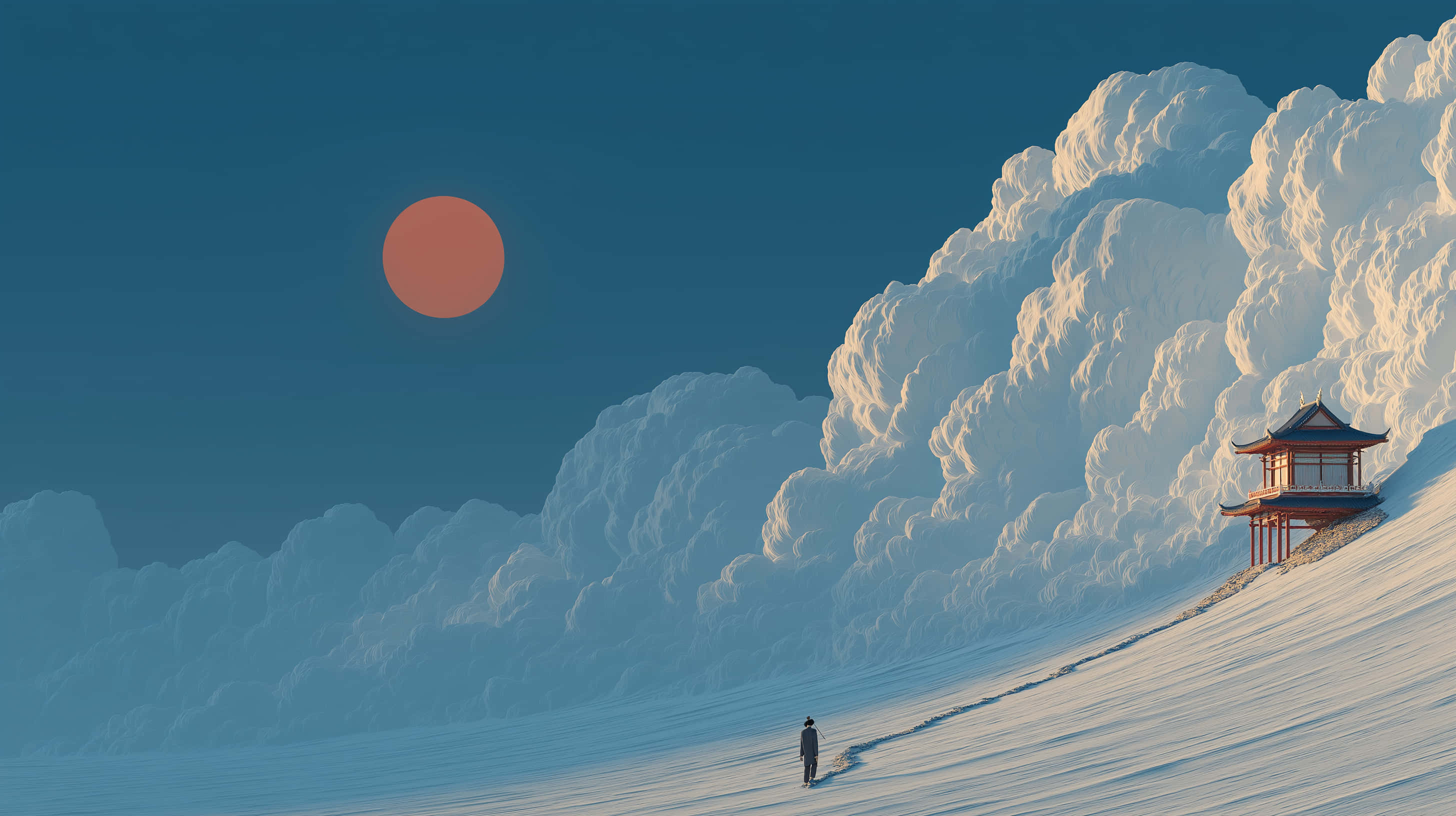 minimalist ghibli style, winter landscape, temple, 2K Desktop Wallpaper