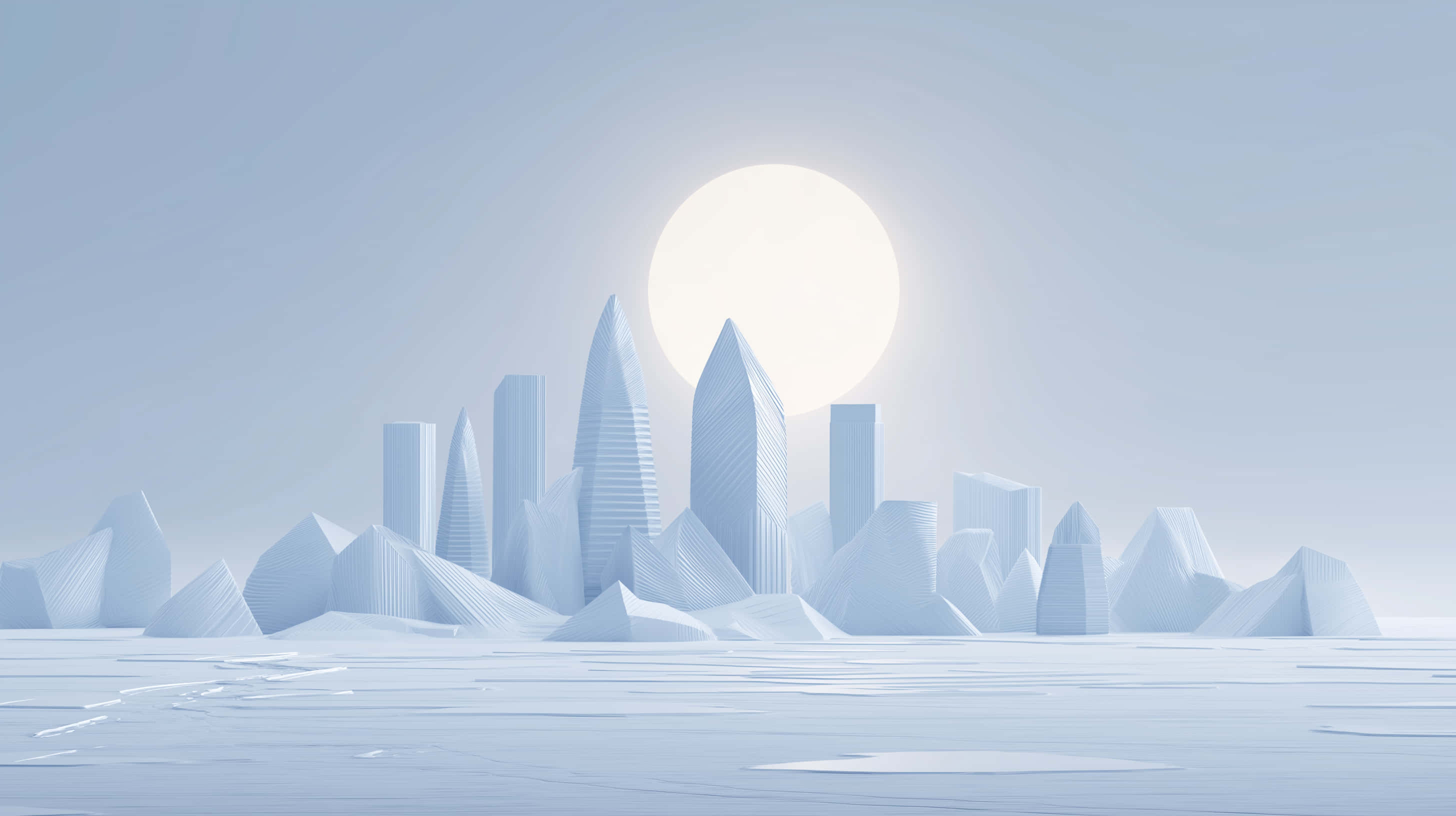 minimalist futuristic cityscape, geometric skyscrapers, snowy plain, 2K Desktop Wallpaper
