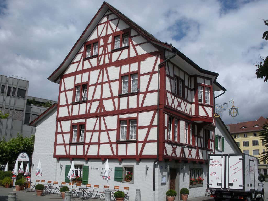 Winterthur, traditional half-timbered building, red and white, SD Desktop Wallpaper