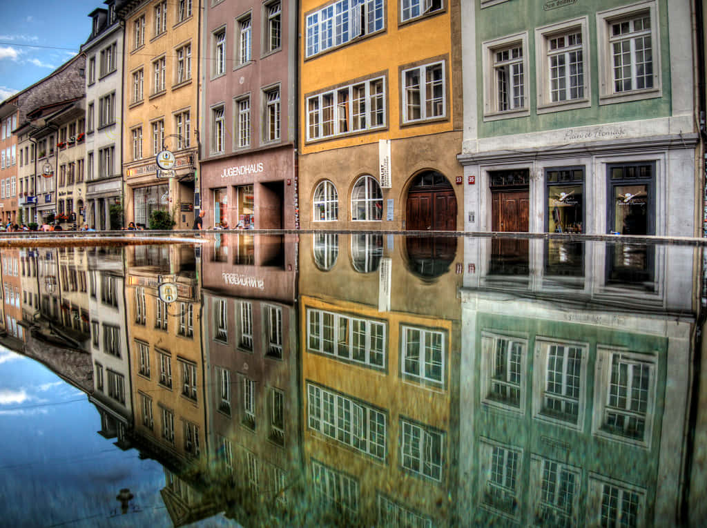 Winterthur, colorful buildings, calm canal, SD Desktop Wallpaper
