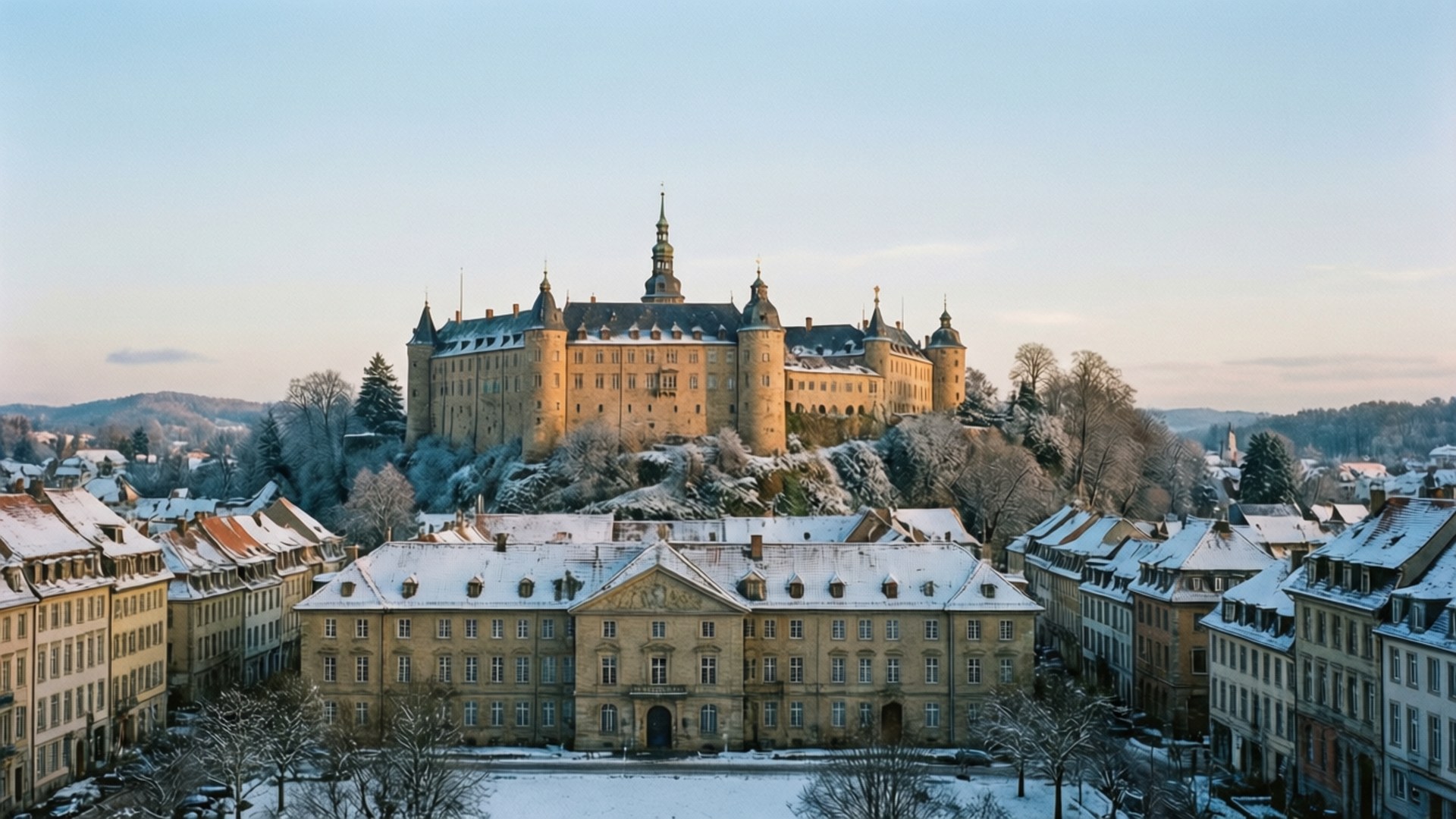 Winterthur, snow-covered castle, hill, Full HD Desktop Wallpaper