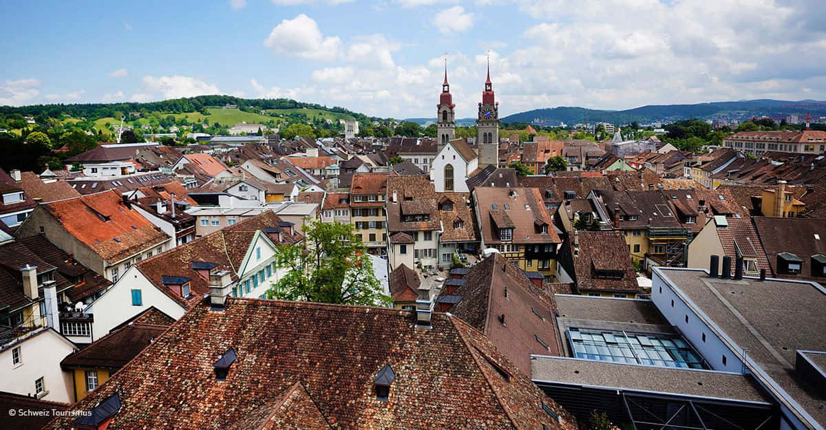 Winterthur, twin spire church, red-tiled roofs, SD Desktop Wallpaper