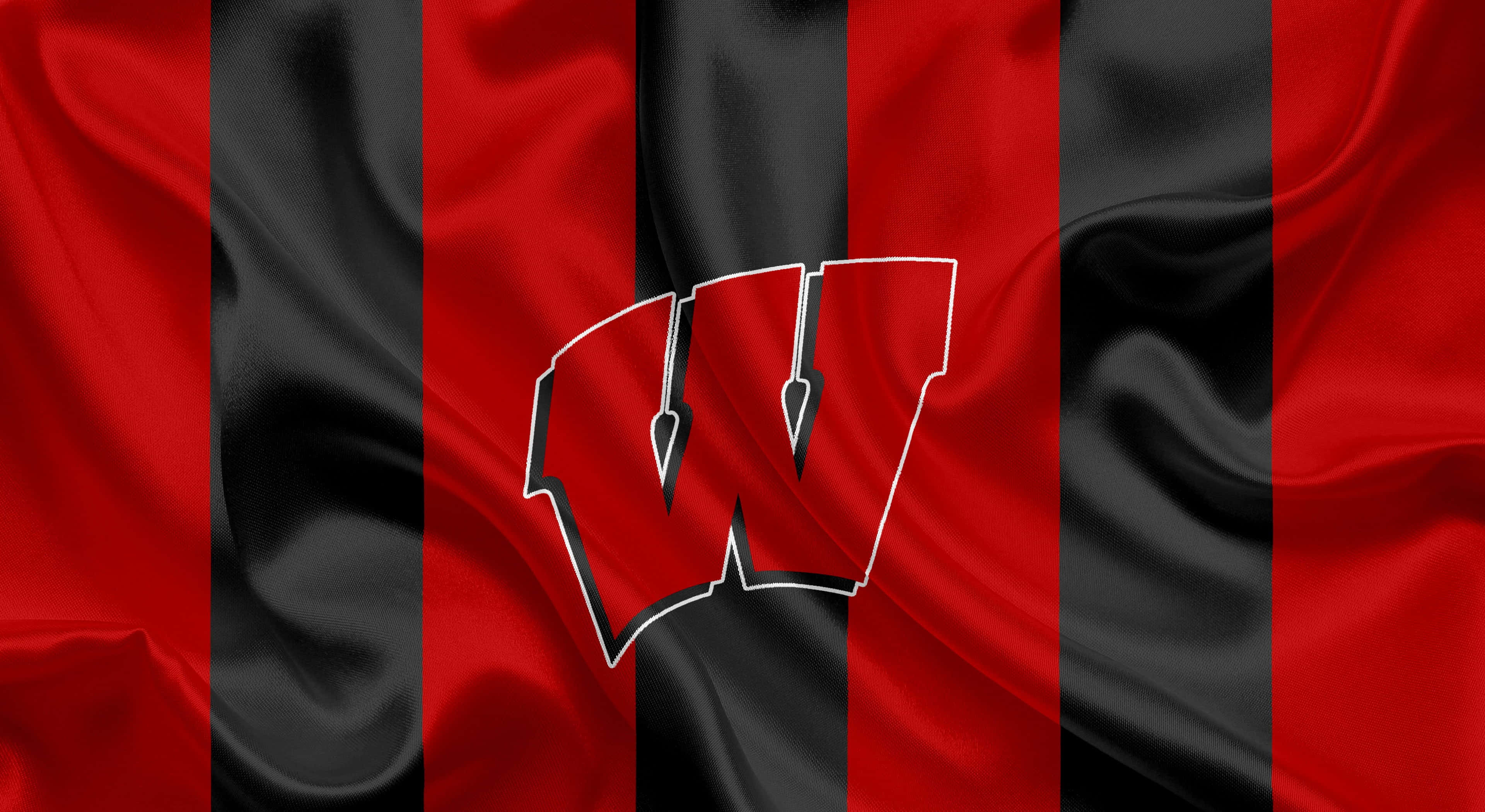 Wisconsin Badgers, red and black striped flag, bold white-outlined 'W' logo, 4K Desktop Wallpaper