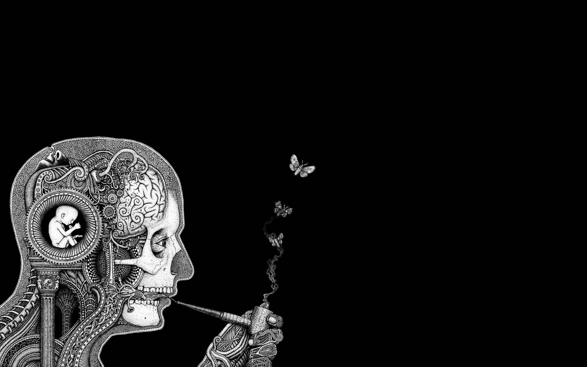 skull profile, pipe, intricate brain motifs, Full HD Desktop Wallpaper