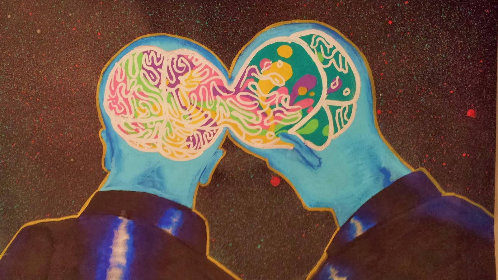 blue heads, colorful abstract brains, speckled dark background, HD Desktop Wallpaper