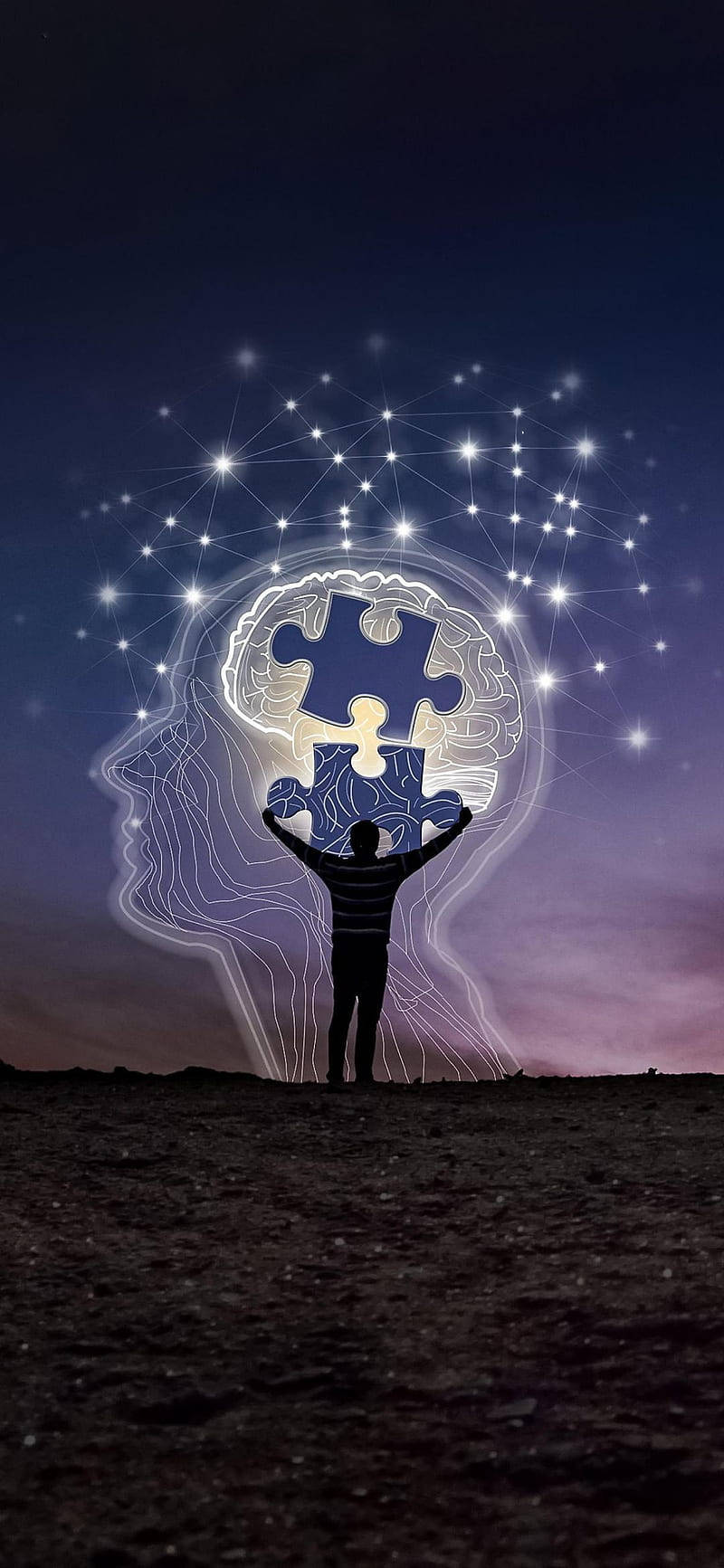 Wise, puzzle pieces, glowing brain, HD Phone Wallpaper