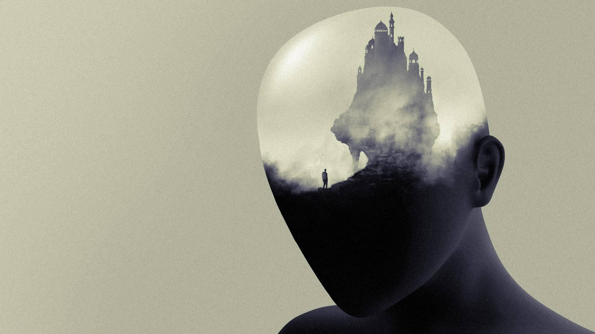 wise mind, silhouette of a human head, misty castle, Full HD Desktop Wallpaper