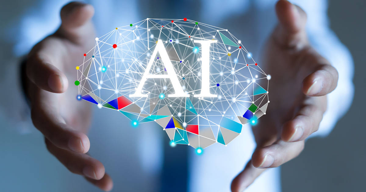 Wise, glowing geometric brain, AI letters, SD Desktop Wallpaper