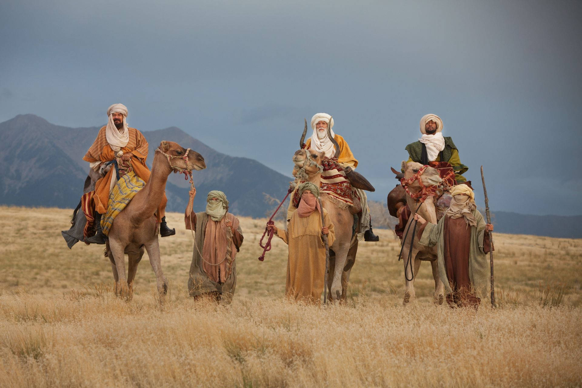Wise Men, three camels, dry grassy plain, Full HD Desktop Wallpaper