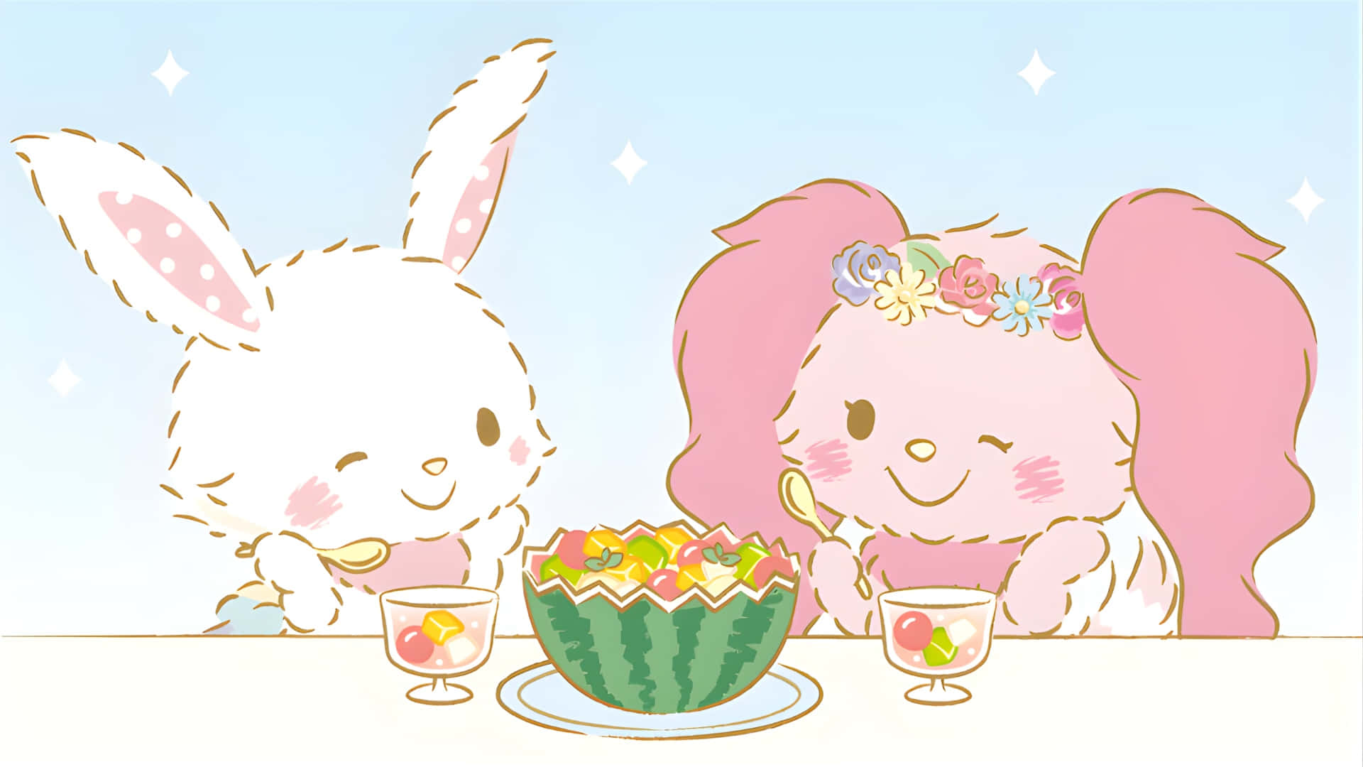 Wish me mell, cute cartoon bunnies, watermelon fruit salad, Full HD Desktop Wallpaper