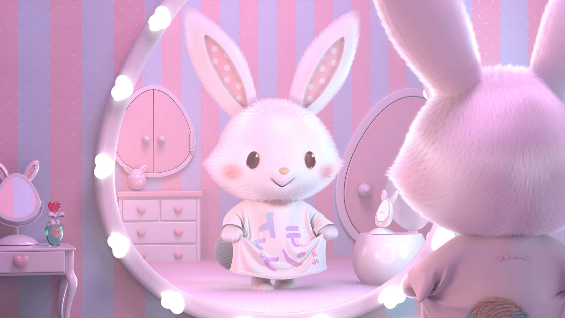 Wish me mell, bunny mirror, pink room, Full HD Desktop Wallpaper
