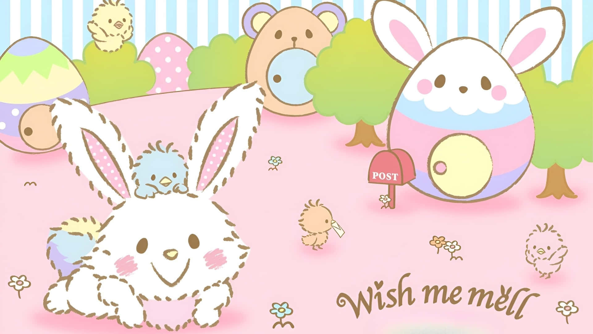 Wish me mell, pastel Easter scene, fluffy white bunny, Full HD Desktop Wallpaper