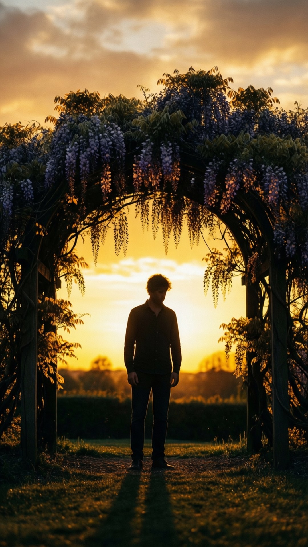 Golden Hour Wisteria, wisteria-covered arbor, golden sunset, Full HD Phone Wallpaper