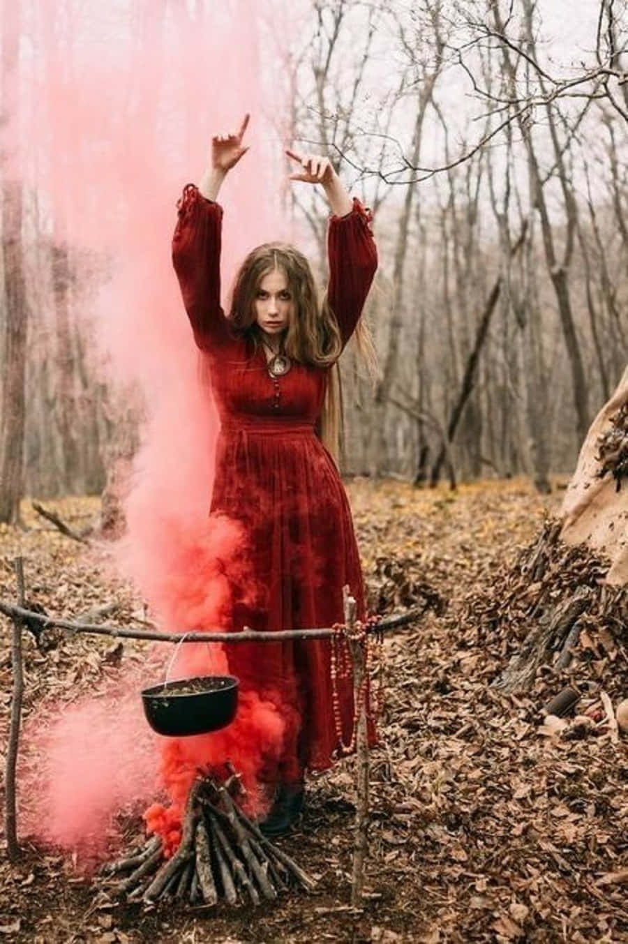 witch, red dress, pink smoke, HD Phone Wallpaper