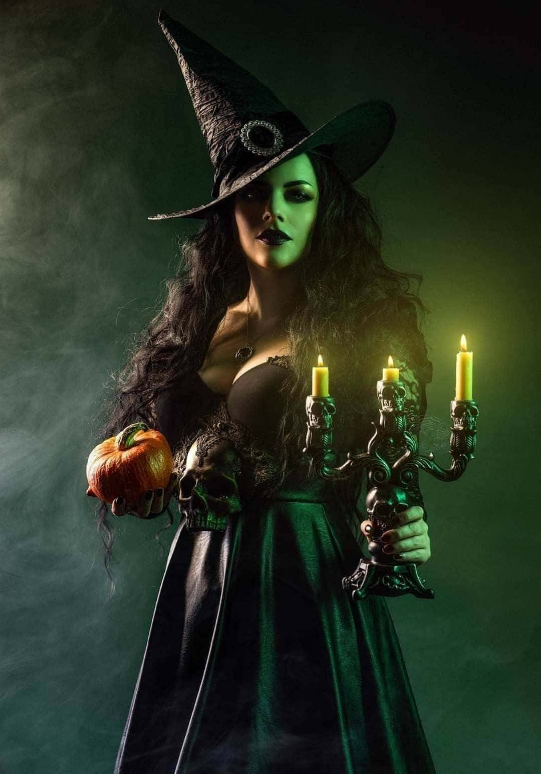 witch, green face paint, pumpkin, HD Phone Wallpaper