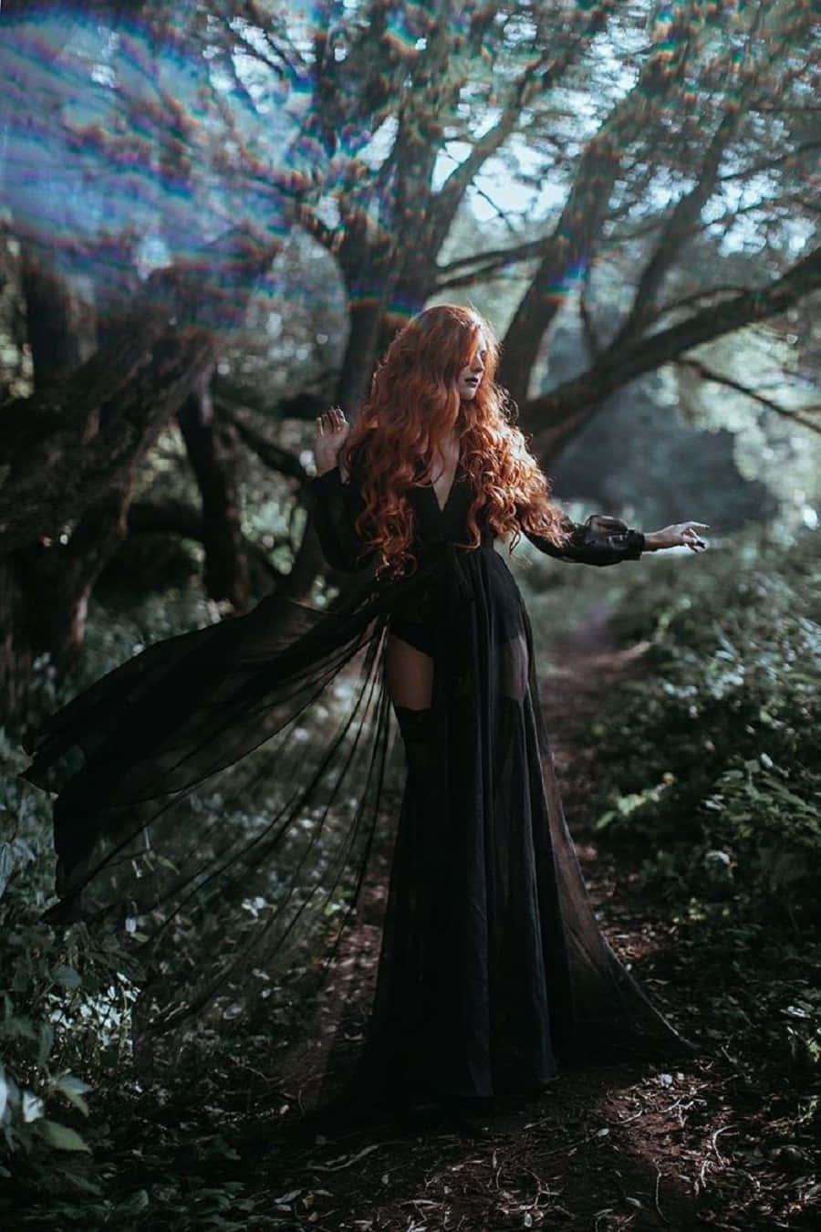 fiery red hair, flowing black gown, sun-dappled forest, HD Phone Wallpaper
