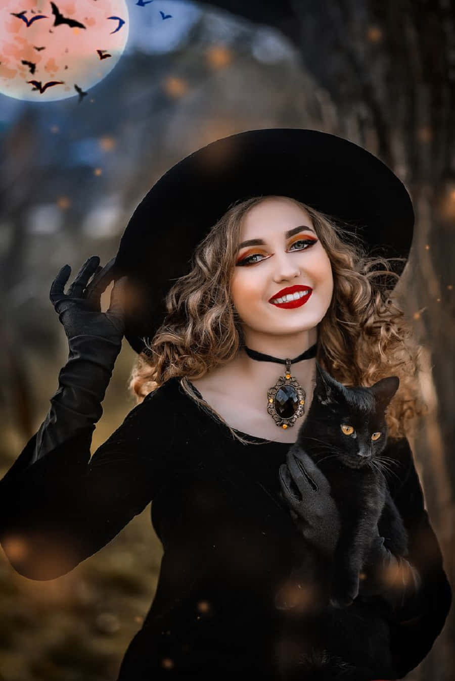 black witch hat, black cat, glowing pink moon, HD Phone Wallpaper
