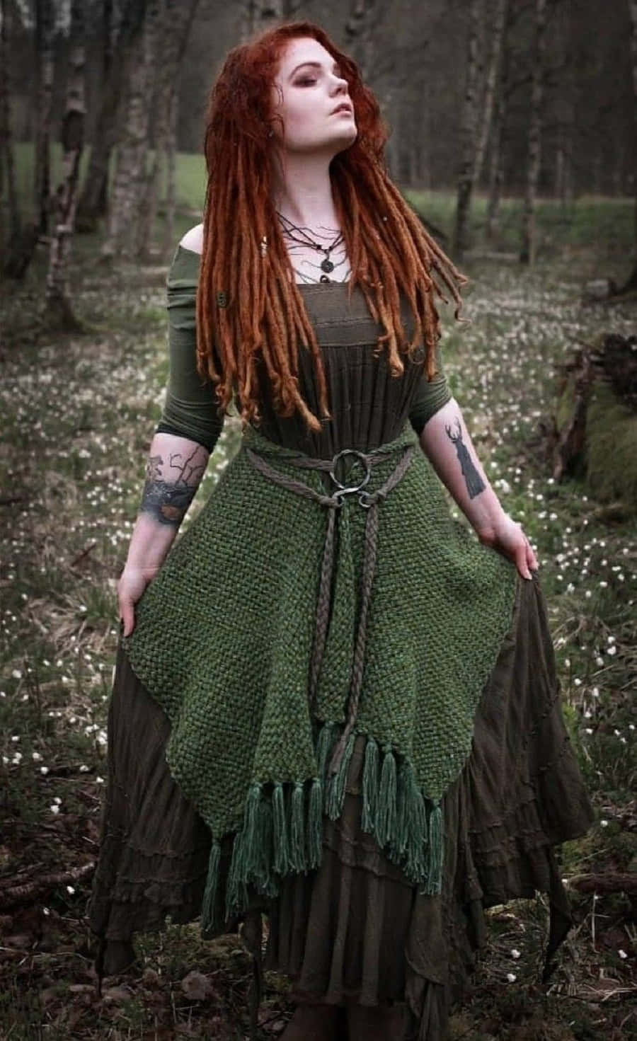 fiery red dreadlocks, misty forest, earthy green layered dress, HD Phone Wallpaper
