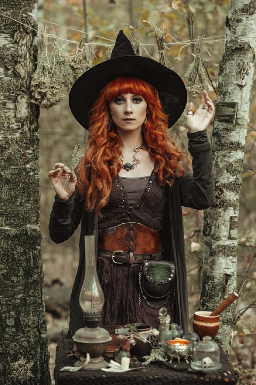 witch costume, red-haired witch, black hat, HD Phone Wallpaper