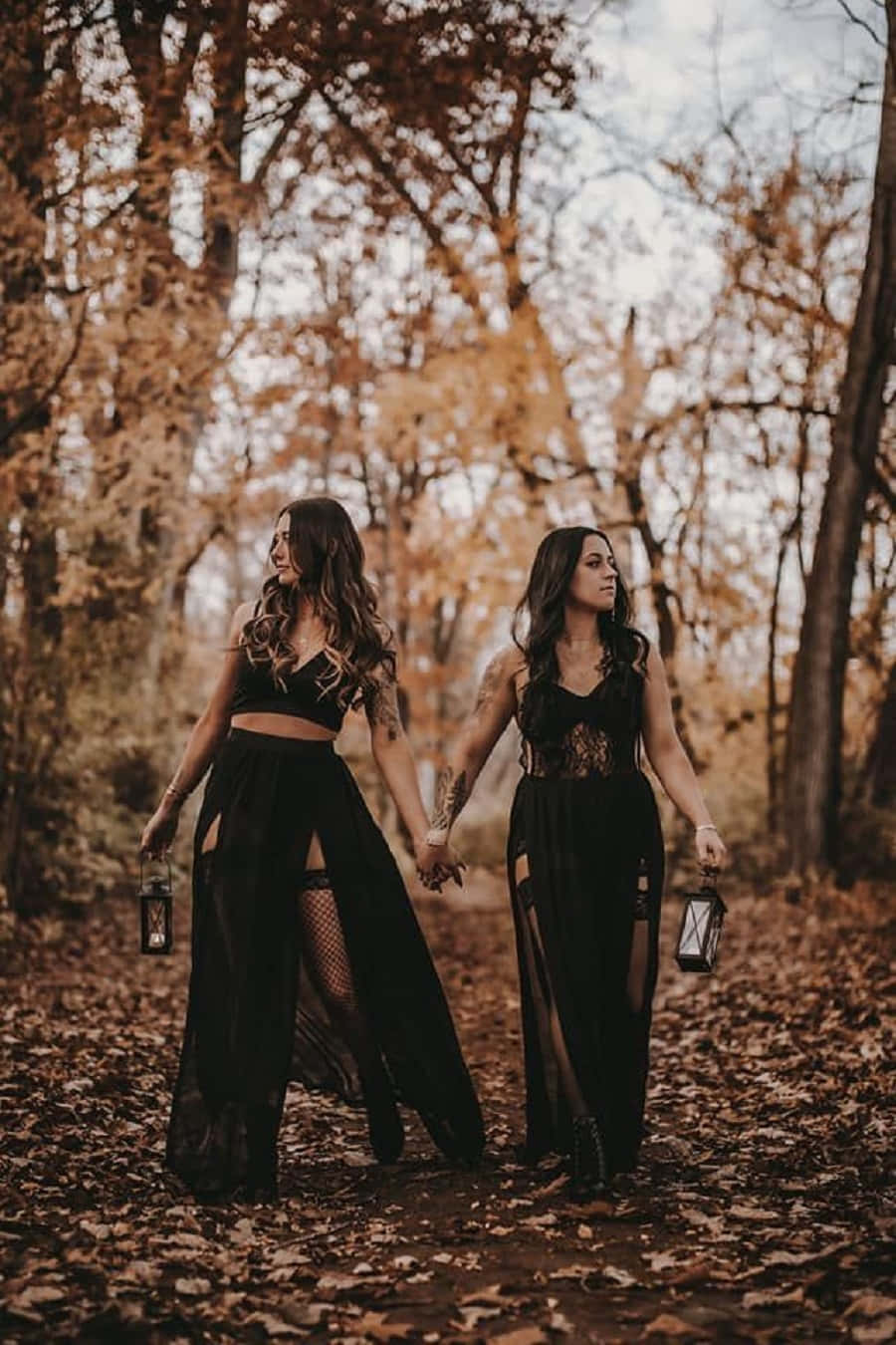 witch costumes, black lace dresses, golden autumn forest, HD Phone Wallpaper